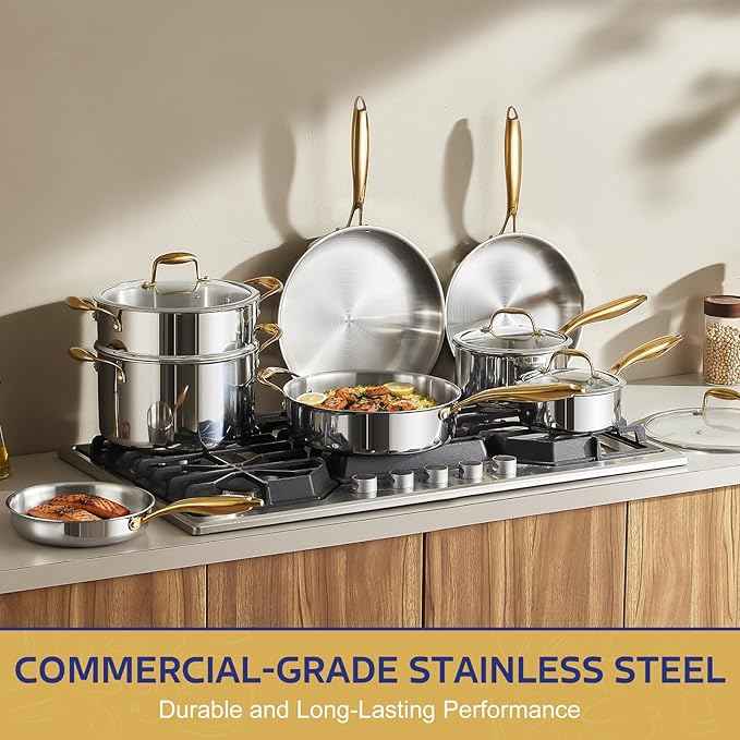 Triple Ply Stainless Steel Pots and Pans Set, EWFEN 12 Piece Induction Cookware Set, Oven Dishwasher Safe | Frying Pans, Saucepans, Saute Pan & Stock Pot, PFOA Free Kitchen Skillet, Gold