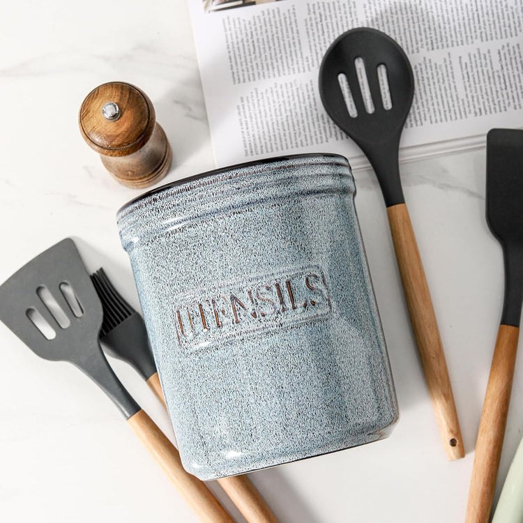 HVH Kitchen Utensil Holder for Countertop, 6 x 7 inch Large Utensil Holder, Ceramic Utensil Crock, Farmhouse Kitchen Décor, Deep and Heavy (Wabi sabi)
