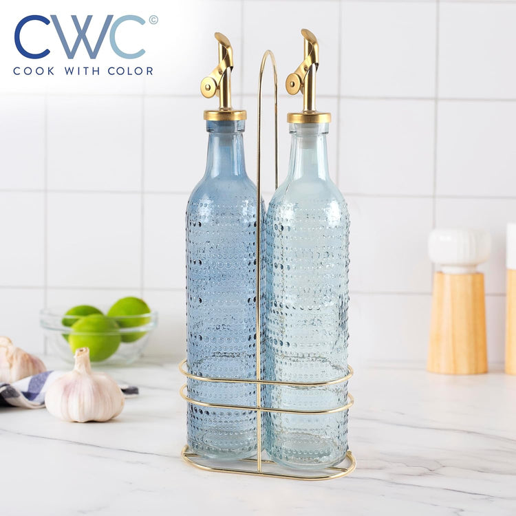 COOK WITH COLOR Glass Olive Oil Bottle Dispenser - 2 Pack- 17oz Oil and Vinegar Cruet - Olive Oil Carafe Decanter for Kitchen