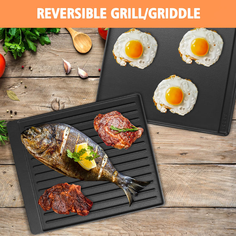 2-in-1 Reversible 15” x 12.8” Pre-Seasoned Cast Iron Cooking Griddle