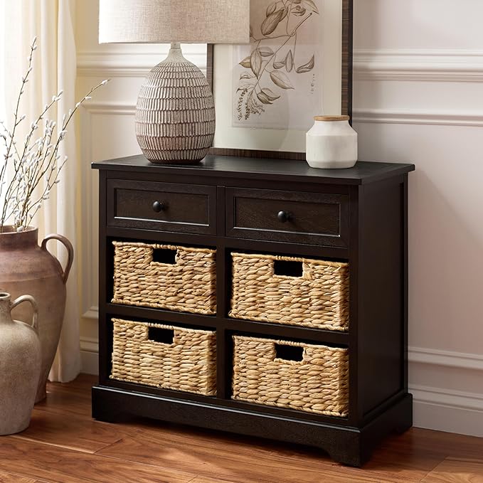 SAFAVIEH Home Collection – Herman Dark Chocolate Storage Unit, 2-Drawer 4-Basket Mixed-Material Organizer, Fully Assembled (AMH5702H)