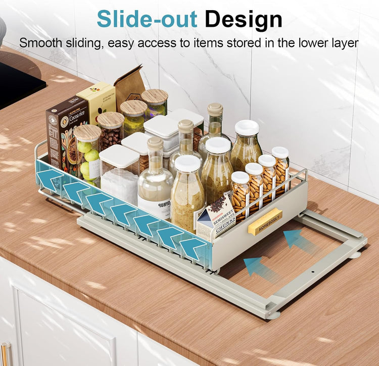 Under Sink Organizer, 2 Pack Pull Out Kitchen Cabinet Organizer, Mute Slide-Out Under Sink Organizers and Storage, Metal Kitchen Bathroom Organizers and Storage Shelves, Grey