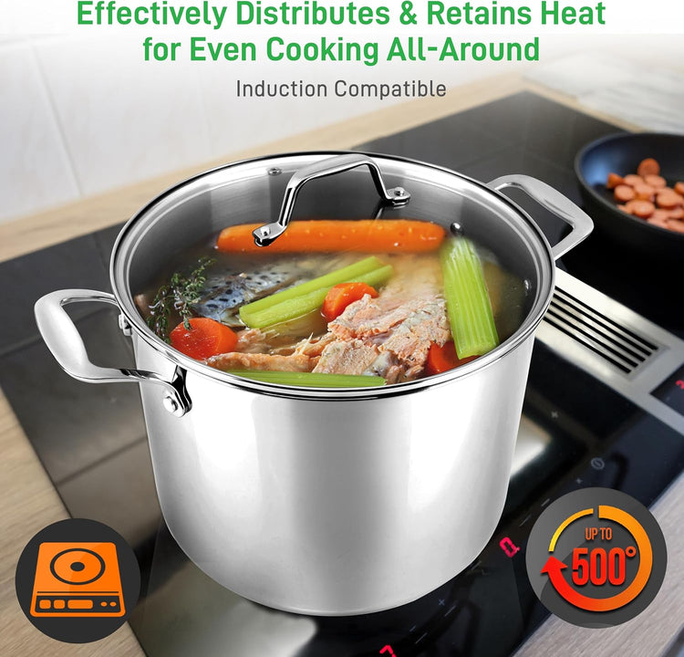 NutriChef 8-Quart Stainless Steel Stock Pot - 18/8 Food Grade Stainless Steel Heavy Duty Induction - Stock Pot, Stew Pot, Simmering Pot with See-Through Lid, Dishwasher Safe - NCSP8