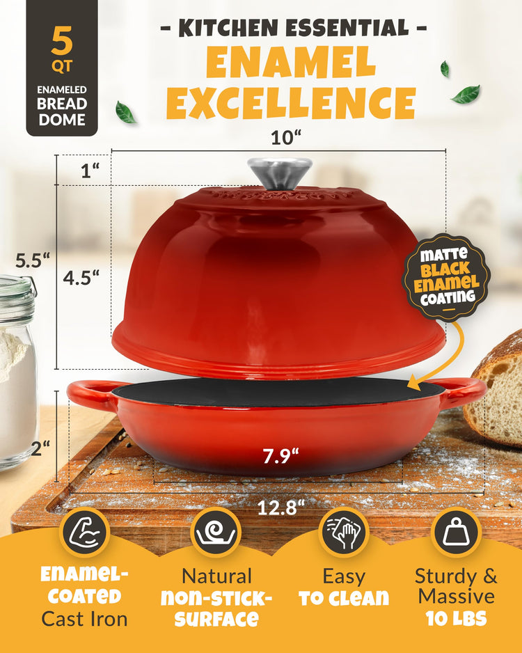 5 QT Cast Iron Bread Pan with Dome Lid for Artisan Bread Baking