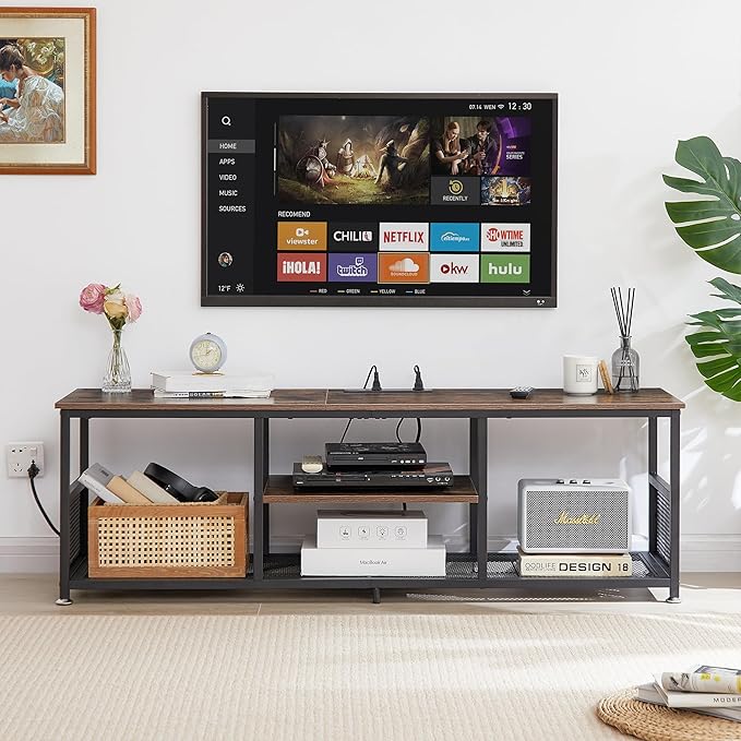 VECELO TV Stand with Power Outlets for Televisions up to 65Inch, 55" Media Entertainment Center with Charging Station 3-Tier Open Storage Shelves with Metal Frame for Living Room/Bedroom,Brown