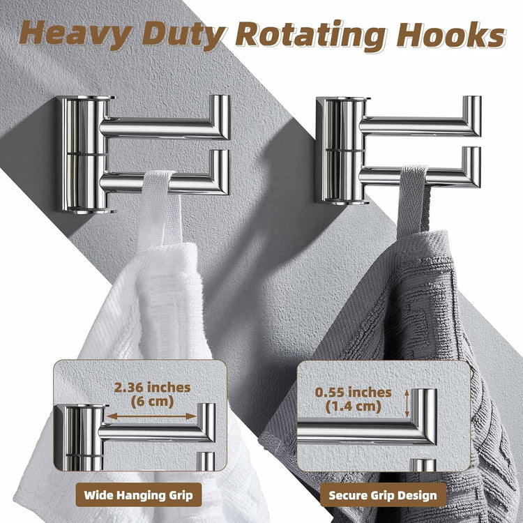 APLusee Swivel Towel Hook Polished Chrome 2 Pack, 304 Stainless Steel Bathroom Robe Hook Towel Holder, Folding Wall Hook Wall Mounted