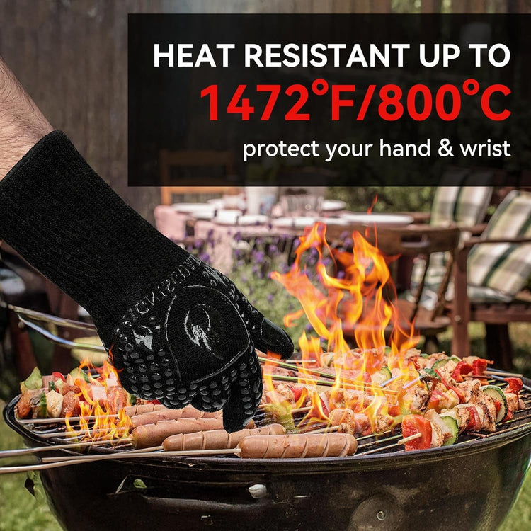 BBQ & Grill Gloves, Oven Gloves, 1472°F Silicone Oven Mitts Heat Resistant Grilling Gloves Fireproof Non-Slip for Barbecue Cooking Baking Smoking, 1-Pair Black(L)