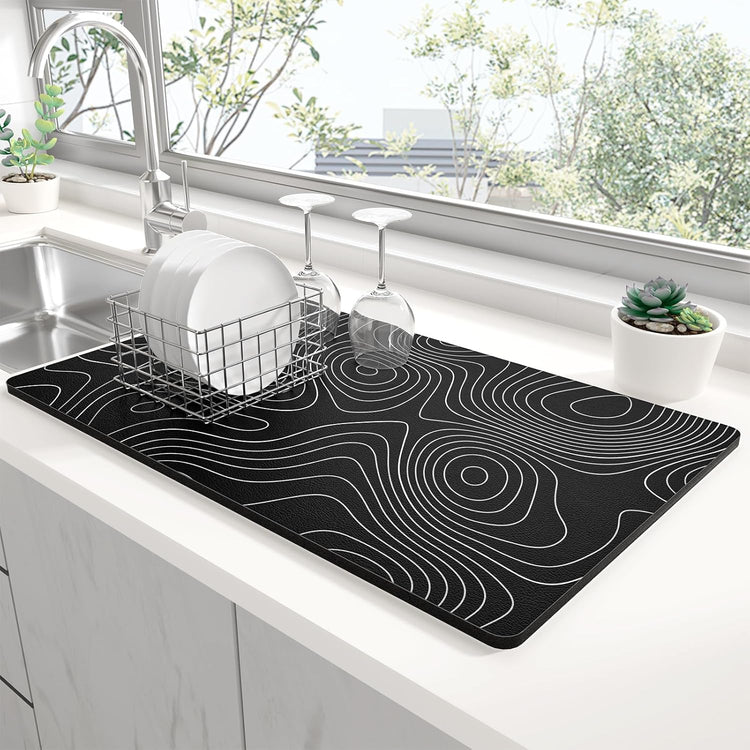 Rnivvi Dish Drying Mat for Kitchen Counter, 12 x 19" Cute Marble Super Absorbent Draining Pad, Non-Slip Heat Resistant Coffee Bar Mats for Coffee Machine Station Accessories, Line Art Dish Rack Pad