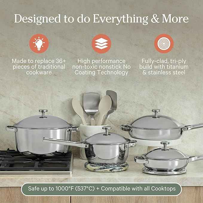 Our Place Titanium Pro Cookware Set | 10-Piece Pots and Pans Set with Always Pan Pro, Perfect Pot Pro & Minis | Non-Toxic No-Coating Nonstick | Induction & Oven-Safe up to 1000°F | Chrome