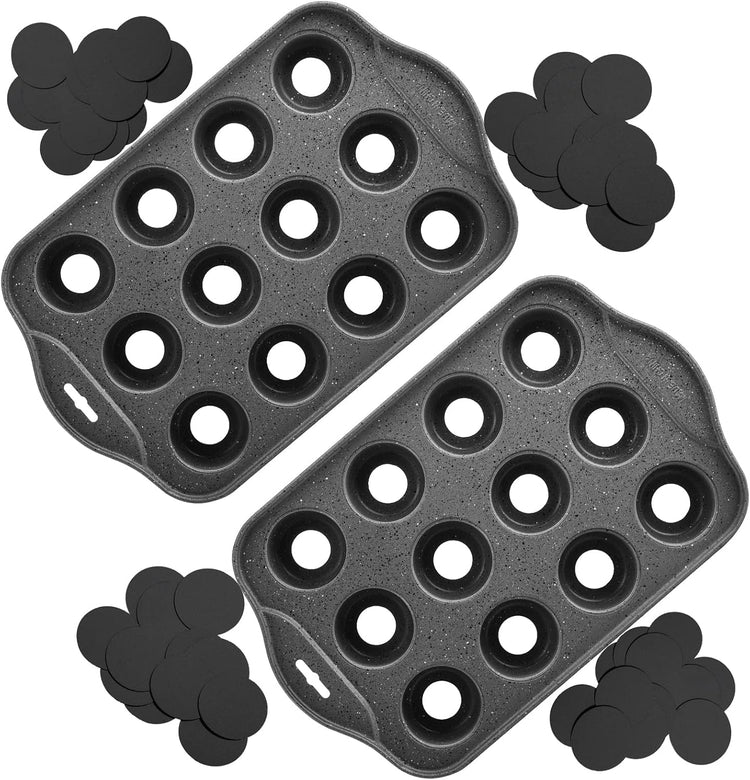 Tosnail 2 Pack 12 Cavity Mini Cheesecake Pan, Mini Cupcake Muffin Baking Pans with Removable Bottom, Round, Black