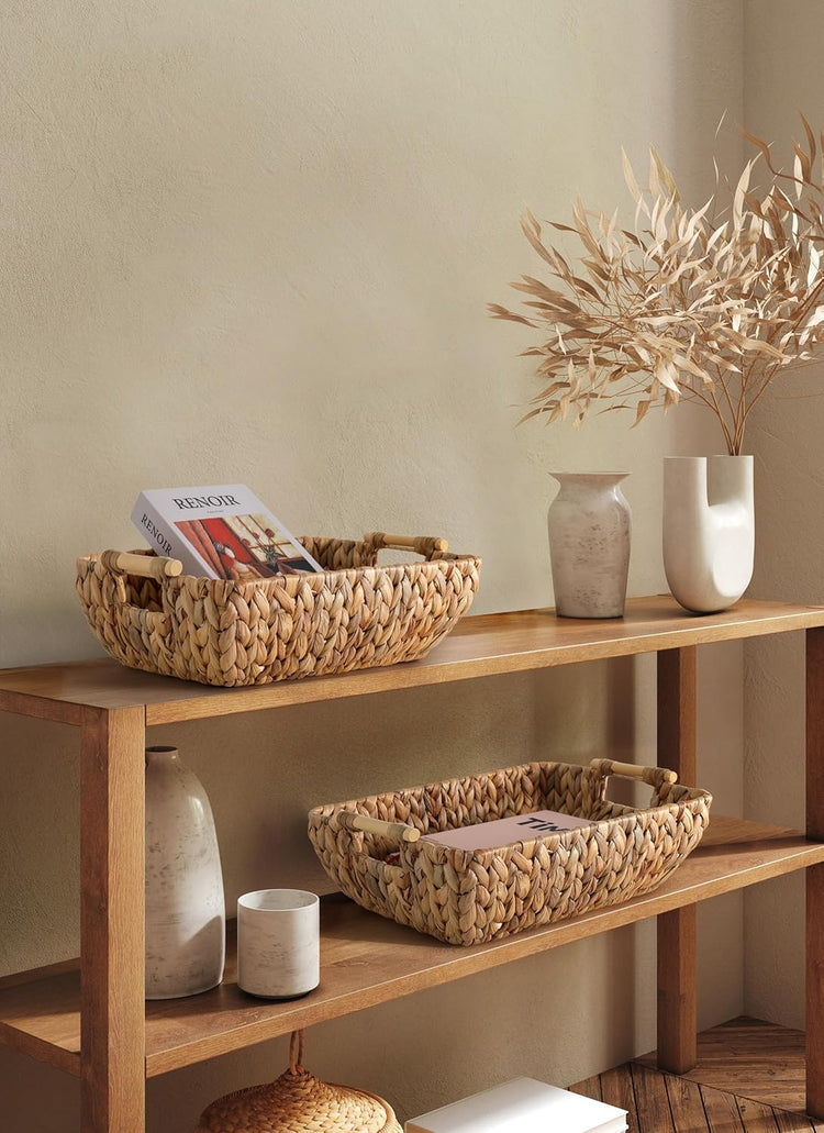 Water Hyacinth Storage Baskets with Wooden Handles,Large Wicker Baskets for Organizing Set of 2