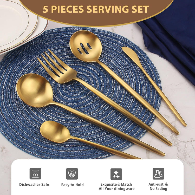 Matte Gold Serving Set,Oliviola 5-Piece Stainless Steel Large Hostess Set with Round Edge, Satin Finished, Dishwasher Safe -Large Spoon, Large Fork,Butter Knife,Sugar Spoon & Slotted Spoon