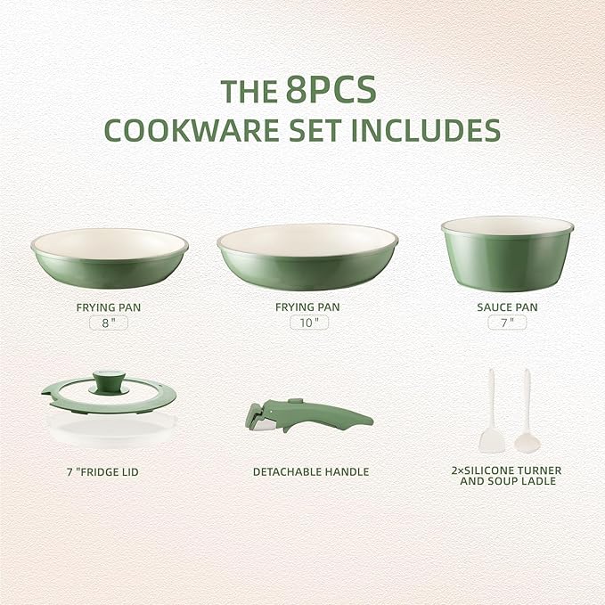 BECIGAR 8PCS Ceramic Cookware,Nonstick Ceramic Pan, Removable Handle Pots and Pans Set, Stackable Set, Nonstick Pan Pots and Pans Set Non Stick pot (Green)