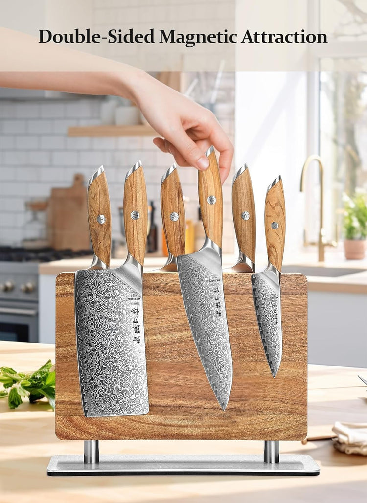 Strong Double Sided Magnetic Knife Block Without Knives, with Acacia Wood+430 Stainless Steel Base,Magnetic Universal Stands with Strong Enhanced Magnets Strip Kitchen Storage Cutlery Large Organizer