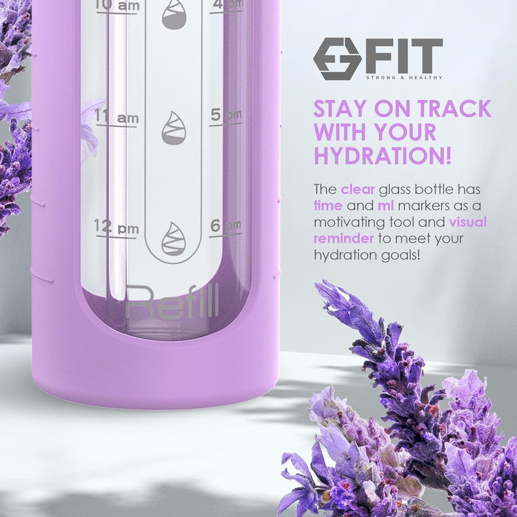 FIT Strong & Healthy 32 oz Glass Water Bottle with Straw Lid, Time Marker, Sleeve & Extra Lid - Motivational, Wide Mouth 1 Liter Glass Drinking Bottle