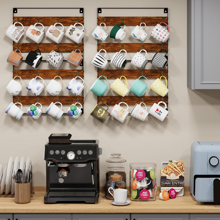 Mug Racks for Wall, Coffee Mug Holder Wall Mount Up to Hold 24 Mugs, Coffee Mug Rack Wall Mounted(3Pack) for Kitchen, Home, Coffee Bar, Rustic Wood and Iron
