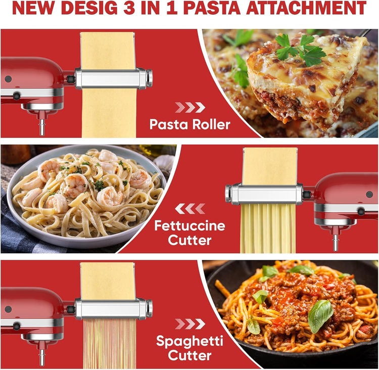 3 in 1 Pasta Attachment for Kitchenaid Stand Mixer, All Metal Pasta Maker Kitchenaid Attachment, Pasta Sheet Roller, Spaghetti Cutter, Fettuccine Cutter Maker Accessories and Cleaning Brush by Gvode