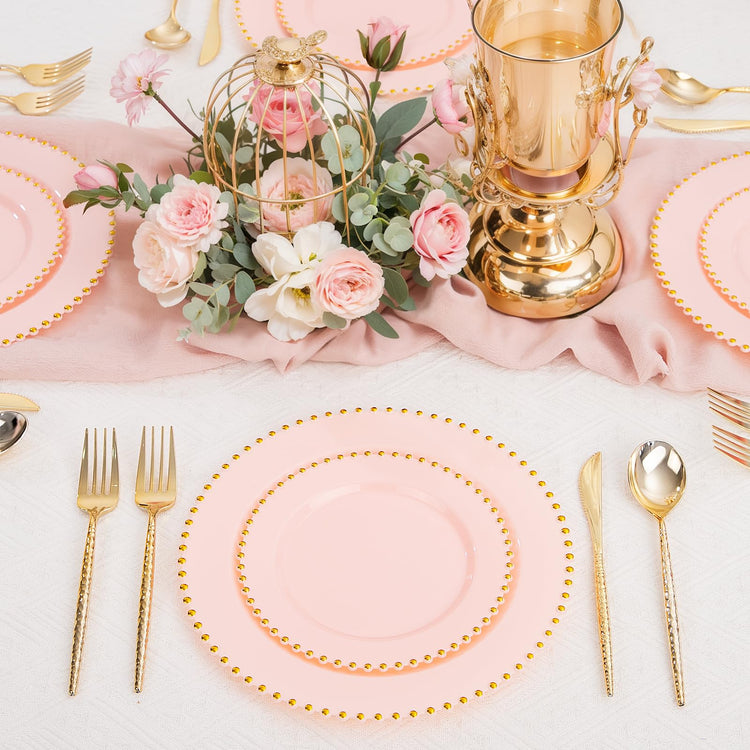 100pcs Pink Plastic Plates with Gold Beads Plastic Wedding Plates (100 Count)
