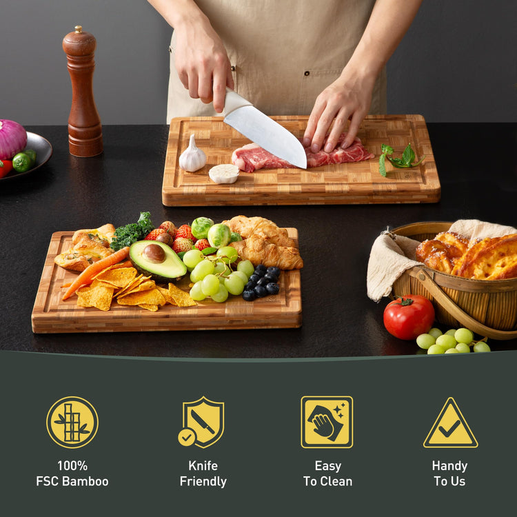 2 Pack Wooden Cutting Boards for Kitchen Bamboo Chopping Boards Non Toxic (2 Count)
