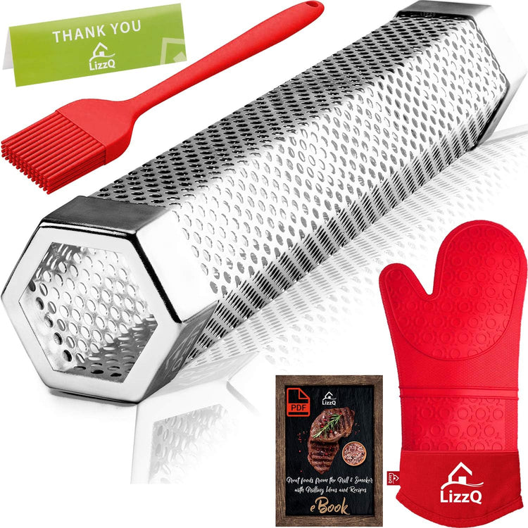 Premium Pellet Smoker Tube 12 inches,5 Hours of Billowing Smoke,for Any Grill or Smoker, Hot or Cold Smoking,Stainless Steel 304,Silicone Basting Brush,Free eBook Grilling Ideas and Recipes