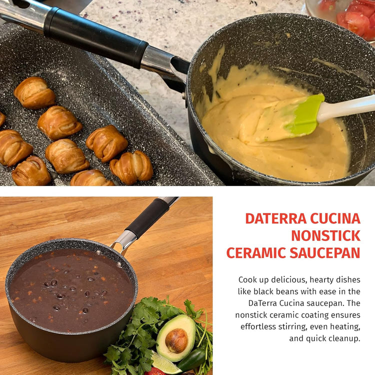 DaTerra Cucina - 2.6 Qt Nonstick Ceramic Saucepan with Lid – Induction Compatible Cooking Pot, Nonstick Ceramic Sauce Pan for Soup, Pasta, Milk, and More, Medium Size for Kitchen, Oven Safe
