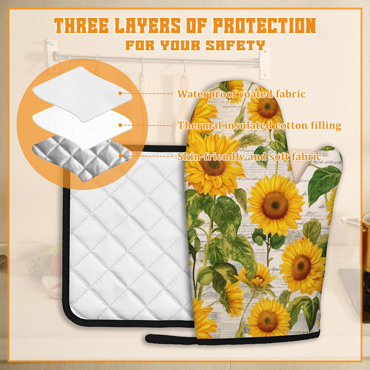Vintage Sunflower Oven Mitts and Pot Holders (4 Count)