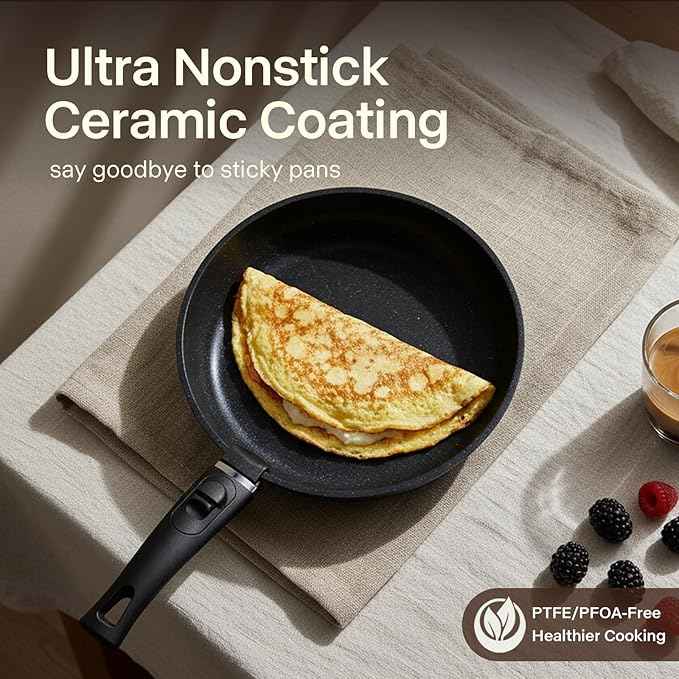 Pots and Pans Set Non Stick, Ceramic Cookware Sets 21 PCS, Granite Induction RV Kitchen Portable Stackable Cooking Set Removable Handles, Dishwasher & Oven Safe, Black