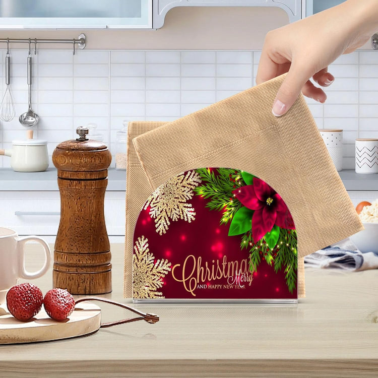 Christmas Poinsettia Flower Napkin Holder for Table Paper Napkins Holder Acrylic Tissue Dispenser Kitchen Dining Room Bathroom Party Car Decor