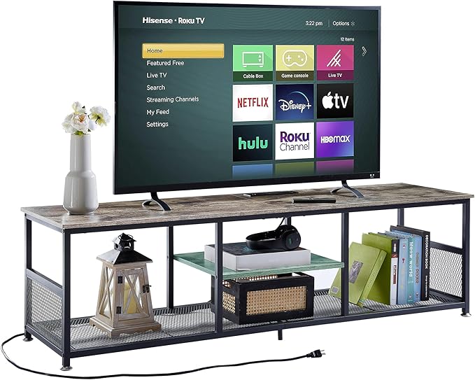 VECELO TV Stand with Power Outlets for Televisions up to 75Inch, 62" Media Entertainment Center with Charging Station 3-Tier Open Storage Shelves with Metal Frame for Living Room/Bedroom,Grey