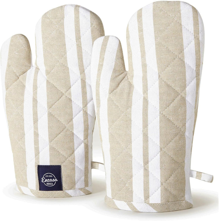 Encasa XO Long 12"x7" Oven Microwave Hand Gloves Mitts (2 pc Set) for Kitchen Cooking & Baking - Heat Resistant, Thick & Safe, Protection of Hands from Hot Utensils - Franca Beige Stripes