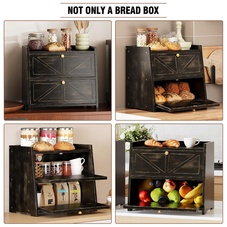 Vintage Double Layer Bread Box for Kitchen Counter Bamboo Bread Storage Container Large Capacity Bread Storage Bin