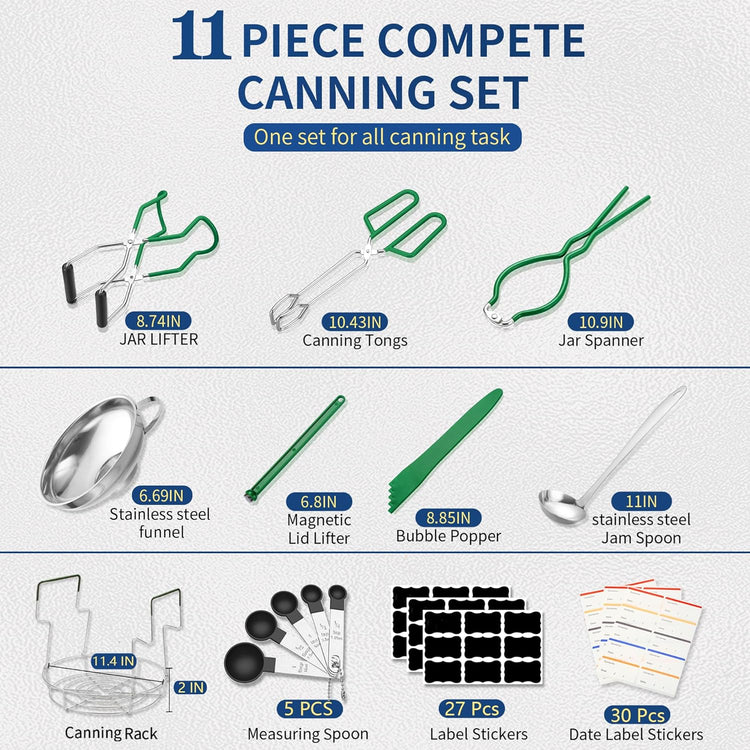 Canning Supplies Starter Kit,Canning Kit for Beginners of 11 with Rack, Jar Lifter,Funnel,Wrench,Tongs,Lid Lifter,Bubble Popper,Labels,ladle,Measuring Spoon-Deep Green