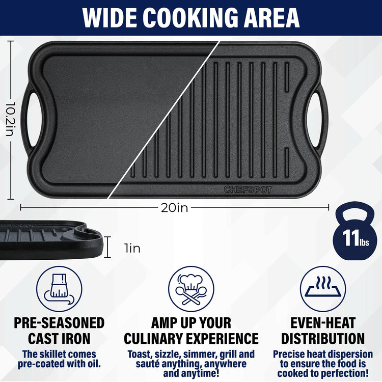 20" Reversible Cast Iron Griddle Grill Pan Double Burner Stovetop