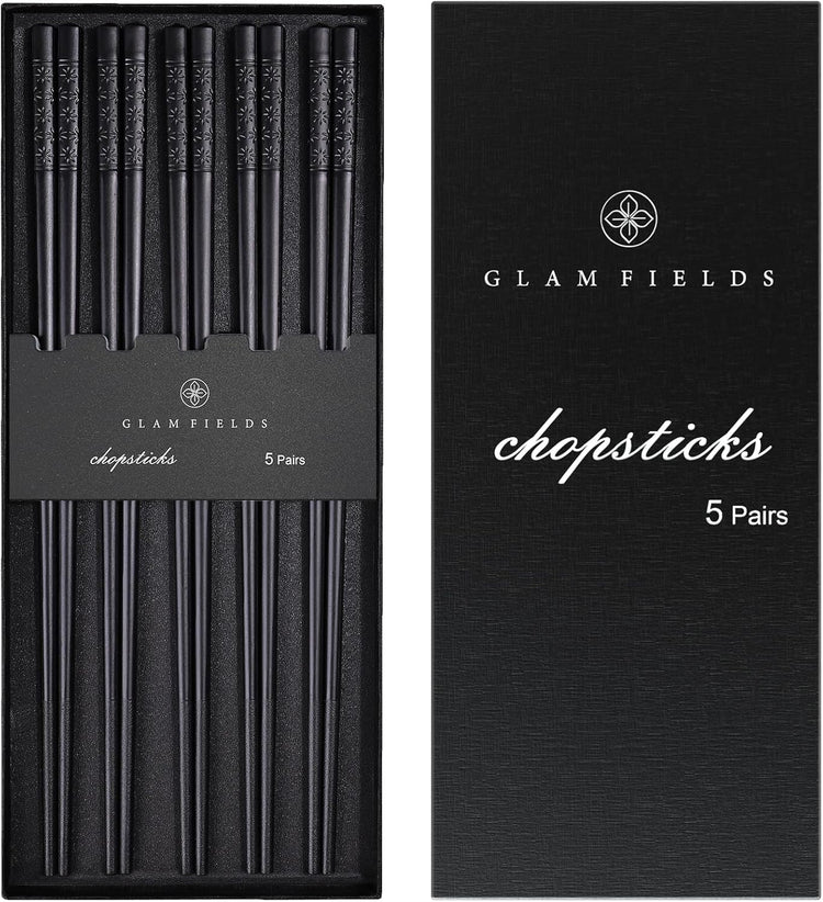 GLAMFIELDS 5 Pairs Premium Chopsticks Reusable Dishwasher Safe 9.5 Inch Fiberglass Chop Sticks Gift Set Non Slip Lightweight Cherry Blossom Pattern