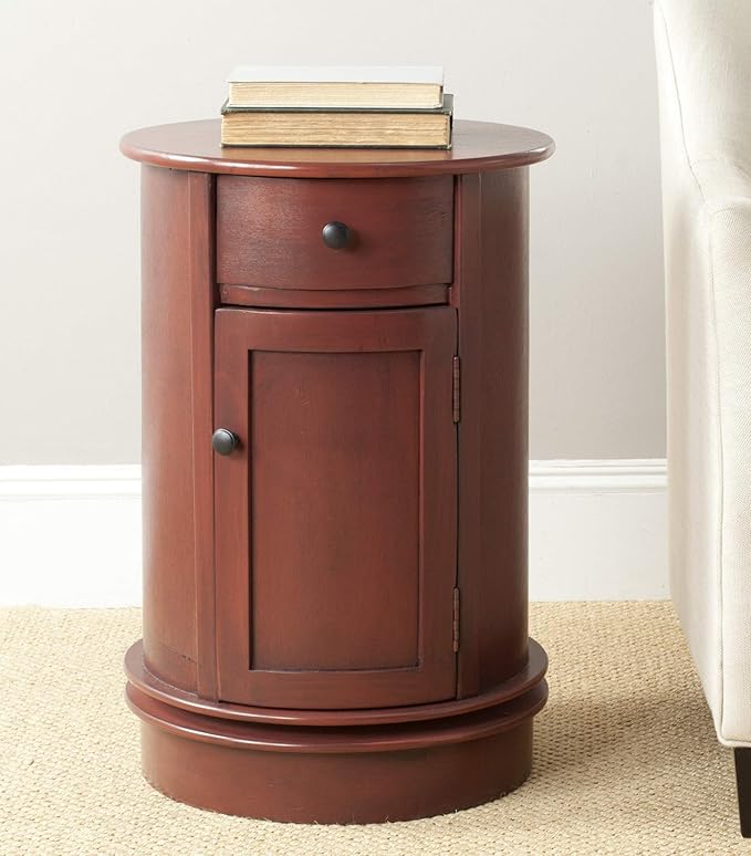 SAFAVIEH Home Collection – Tabitha Dark Cherry Round Swivel Storage End Table, Farmhouse Accent Table with Drawer & Cabinet, Fully Assembled (AMH5712D)