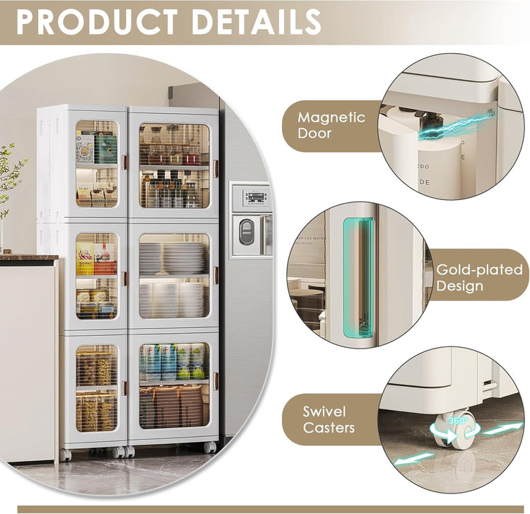VECELO 4-Tier Plastic Tall Narrow Storage Cabinet with Movable Wheels, Adjustable Shelves, Magnetic Doors, Slim Bathroom Organizers and Storage for Small Space, Bathroom, Kitchen, Laundry, White