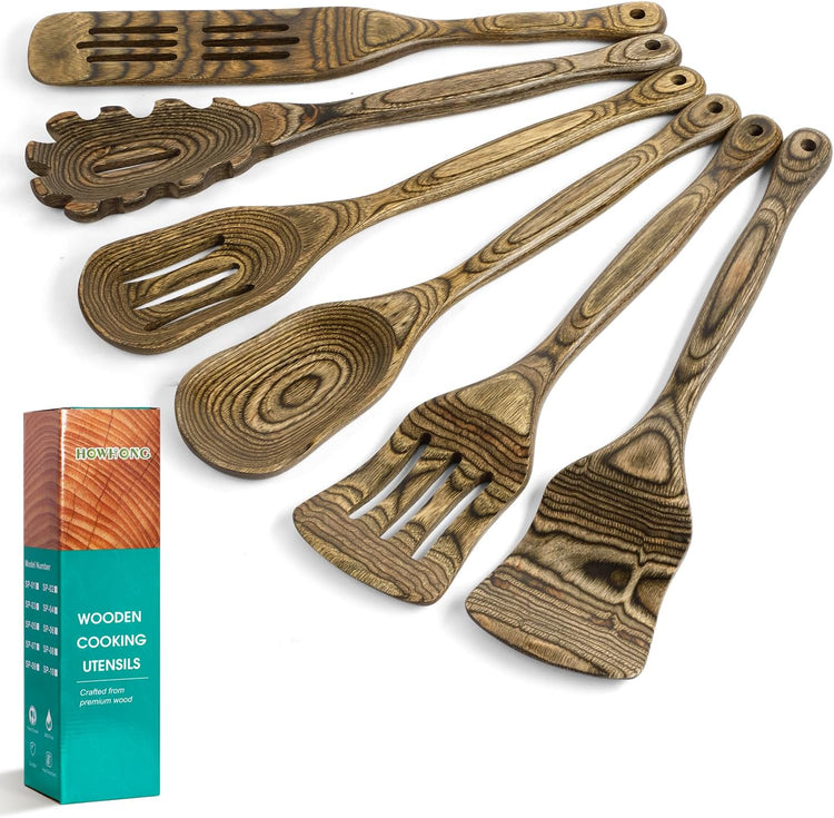 Kitchen 6-Piece Pakkawood Kitchen Utensil Set – Wooden Cooking Spoons with Slotted Spatula, Turner, Spaghetti Spoon & Fish Spurtle, Long Handle Design (Granite) by Howhong