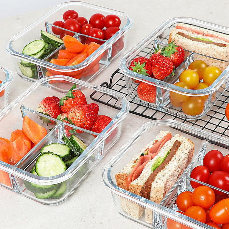 KOMUEE Glass Meal Prep Containers 3 Compartments, 5 Pack 36 oz, Glass Food Storage Containers with Lids, Airtight Lunch Bento Box, Portion Control, Freezer and Microwave Safe, White