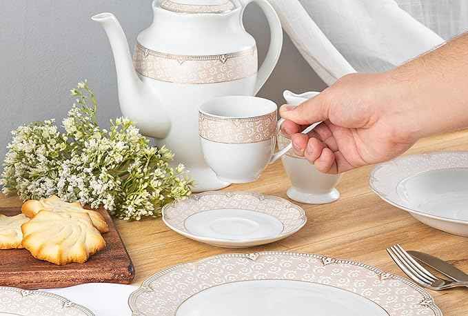 Dinnerware Set for 8-49 Piece Vintage Porcelain Dining Set - Gorgeous White and Pink Floral Design - Plates, Bowls, Cups and Saucers - For Everyday Dishes and Formal Occasions (Sandra Pink 2049)