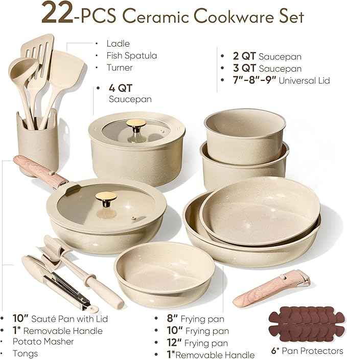 CAROTE 22PCS Pots and Pans set Non Stick, Ceramic Cookware Set, RV Kitchen Cooking Set Removable Handles, Oven Safe, Induction Coolware, Non-toxic Kitchen Cooking Set, PFAS and PFOA Free
