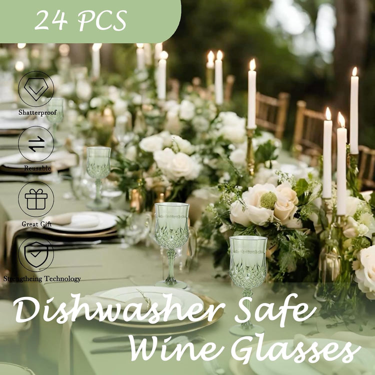 Plastic Wine Glasses,Plastic Goblets Vintage Style Cordial Drinking Glasses for Wedding Reception, Grand Event Party Supplies (24, New Green)