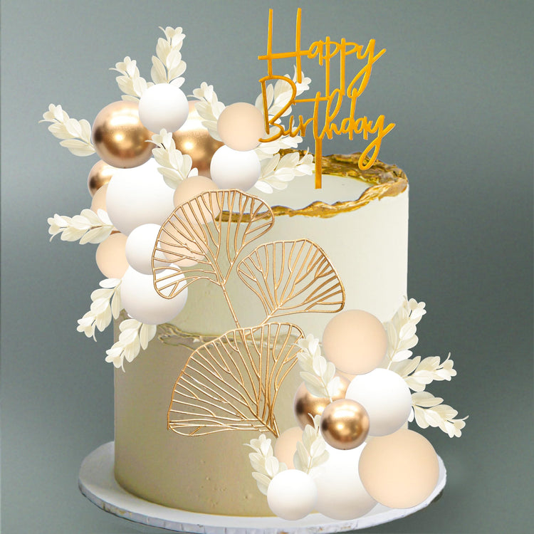 57Pcs Khaki Balls Cake Topper Boho Grass Cake topper Pearl Balls Acrylic Happy Birthday Cake Decorations for Wedding Baby Shower Birthday Boho Themed Party Supplies Khaki White Gold (57 Count)