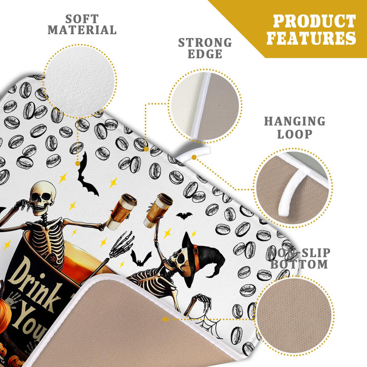 Funny Skull Coffee Mat for Table Counter Skeleton Dish Drying Mat Holiday Decoration for Home Coffee Bar