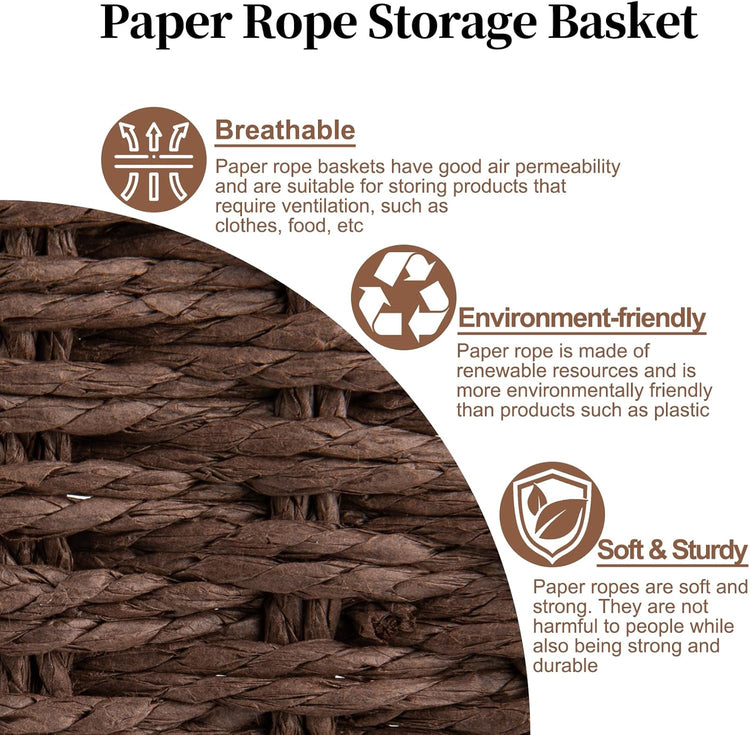 OIAHOMY Wicker Basket, Paper Shelf Basket with Built-in Handles, Rectangular Wicker Storage Bin for Pantry, Shelves, 1 Pack-Brown