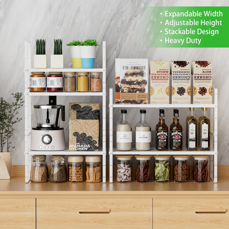 Expandable Cabinet Storage Shelf Stackable Organizer Rack for Kitchen Bathroom Pantry Spice Cupboard Countertop Home Office Desk Heavy Duty Nonslip White Large 3 Pack