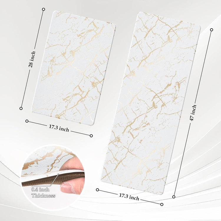 Gold Foil Stamped Marble Kitchen Mats for Floor 2PCS Cushioned Anti Fatigue Non Slip Waterproof Comfort Leather Kitchen Rugs 2/5 Inch PVC Kitchen Mats for Sink, Laundry, 17.3"x28"+17.3"x47",White