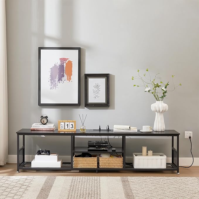 VECELO TV Stand with Power Outlets for Televisions up to 80Inch, 70" Media Entertainment Center with Charging Station 3-Tier Open Storage Shelves with Metal Frame for Living Room/Bedroom,Black