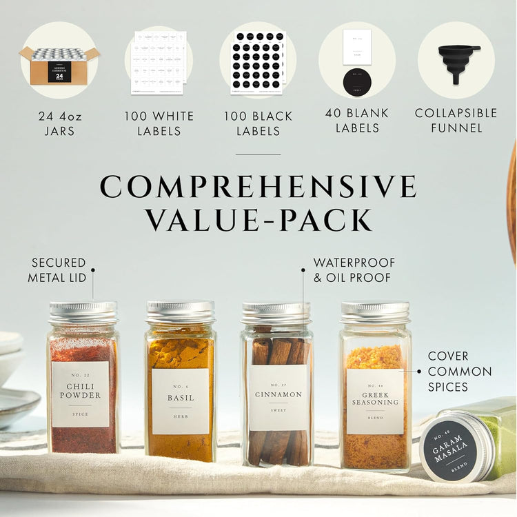 FINESSY Glass Spice Jars with Labels with Metal Lids and Shakers 24 Pack Set, 4oz Small Empty Air Tight Spice Containers with Labels, Clear Seasoning Containers Herb Bottles Kitchen Storage Organizer