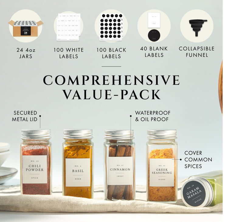 Thick Glass Spice Jars With Labels (24 Count)