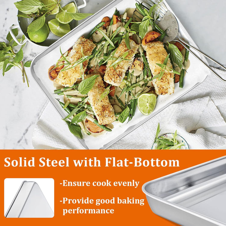 Small Baking Sheet Set of 2, E-far 9.4”x7.3” Toaster Oven Stainless Steel Cookies Sheet Pan with 50 Parchment Paper, Rectangle Mini Baking Tray for Cooking, Rust Free & Heavy Duty, Dishwasher Safe